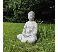 FABRIQ Statua decorativa da giardino in pietra artificiale, grande Buddha meditante, grigio, pietra artificiale, resistente al gelo, calma, massiccia, L: 20 cm, W: 24,5 cm, H: 38
