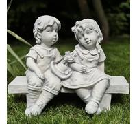 FABRIQ Statuetta decorativa in pietra artificiale per bambini su una panca, scultura da giardino, colore grigio, decorazione esterna, pietra artificiale, resistente al gelo