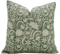 Fabritual Federa per cuscino in lino spesso con stampa a blocchi, 35 x 35 cm, fatta a mano, per divano e divano, con stampa floreale, decorazione per la casa bohémien (Kundan, verde)