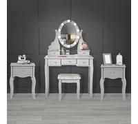 FABS Tavolo da toeletta grigio Hollywood con luci LED, 5 cassetti, sgabello imbottito e 2 tavolini Sorrento - Vanity Makeup Set
