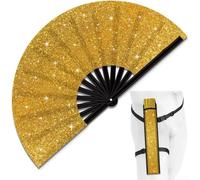 FABULETTA Grande ventaglio pieghevole glitterato con fondina per cintura, 35 x 65 cm, portatile, per Edm Club, riunioni all'aperto e uso quotidiano (ventaglio glitter oro)