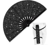 FABULETTA Grande ventaglio pieghevole glitterato con fondina per cintura, 35 x 65 cm, portatile, per Edm Club, riunioni all'aperto e uso quotidiano (ventaglio nero glitterato)