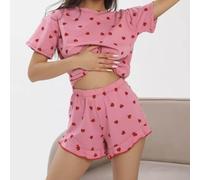 FABULETTA Pigiama da donna a maniche corte con stampa Love S-L | Design con stampa d'amore, scollo rotondo, maniche corte, pantaloncini comodi, ideali per dormire