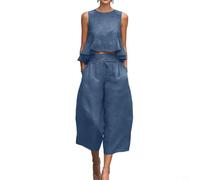 FABULETTA Vestito da donna in misto lino, due pezzi, per l'estate | Top con volant, pantaloni a gamba larga, look alla moda, misto poliestere, disponibile dalla S alla XXL