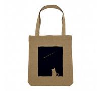 Fabulous Borsa Shopping Tote Bag Aspetto Lino - Gattino Sotto Una Stella Cadente Illustrazione Disegno Notte Cielo - Borsa della spesa in tela spessa 360 g Beige Naturale Borsa con Spalla Solida