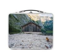 Fabulous Lunch Box in metallo argentato per sandwich e snack, capanna in legno al bordo di un lago di montagna B, contenitore per gustare in alluminio, ciotola rigida, stile retrò, stampato in Francia