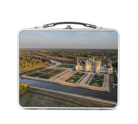 Fabulous Lunch Box in metallo argentato per sandwich e snack, vista aerea Chateau de Chambord, giardino rinascimentale, contenitore per gustare in alluminio, ciotola rigida, stile retrò, stampato in