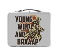 Fabulous Lunch Box in metallo argentato per sandwich e snack - Young Wild And Braaap Motorcycle Motocross Race Dirt Bike - Scatola da gustare in alluminio ciotola rigida in stile retrò stampata in