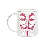 Fabulous Tazza in vetro a doppia parete, con viso anonimo, rosso Hacker - Tazza da caffè e The Isotherme 330 ml, effetto sospeso anti-bruciore, stampa in Francia