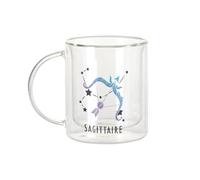 Fabulous Tazza in vetro a doppia parete, motivo: Sagittario, segno astrologia, previsione stellare celeste solare Sideral stella, tazza da caffè e isotermica, 330 ml, effetto sospeso anti-bruciore