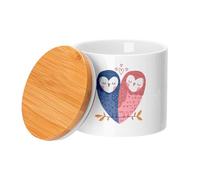 Fabulous Vaso in ceramica con coperchio in bambù - Coppia di gufo cuore illustrazione disegno carino amore - 473 ml (16 once) - Barattolo