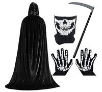 faburo Nero Mantello con Cappuccio Lungo per Costume Halloween, Maschera da Teschio Costume e Guanti da Scheletro e Falce della Morte di Halloween Capo Masquerade Costume di Natale (L)