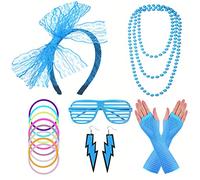 FACATH Collane al neon anni '80 bracciali guanti a rete con fiocco in pizzo orecchini al neon anni '80 accessori per travestimento, costume da festa verde per donne ragazze e donne (blu)