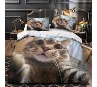 Faccia di gatto sorpresa Set Di Copripiumino Set di 3 Pezzi microfibra morbida stampa di 3D incluso federe cerniera nascosta Espressione felina copripiumino for ragazze e adulti Single（135x200cm）