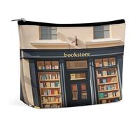 Facciata di libreria con panchina gialla Borsa per il trucco, organizer da viaggio per articoli da toilette, pochette cosmetica per donne, regali di compleanno per mamme, ragazze, donne e sorelle