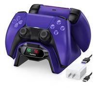 Fachixy Stazione di ricarica per PS5, con chip di ricarica rapida 2 ore, stazione di ricarica PlayStation 5, con alimentatore di rete e cavo, con spia di carica LED, colore: viola