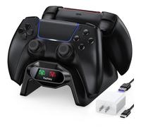 Fachixy Stazione di ricarica per PS5, con chip di ricarica rapida 2 ore, stazione di ricarica PlayStation 5, con alimentatore di rete e cavo, con spia di carica LED, colore nero