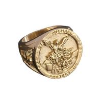 Fachoice Anello da uomo con croce dell'arcangelo cristiano, in oro, con angelo cattolico, per uomo, 18.1 mm, Acciaio inossidabile, Non pietra preziosa