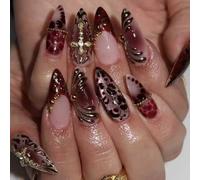 Facile da applicare NoGlue Press su unghie finte, stampa leopardi nudi francesi con croci per una vestibilità comoda e finitura altamente brillante stampa leopardata presse sulle unghie