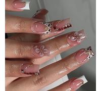 Facile da applicare NoGlue Press su unghie finte, stampa leopardo nude francese con fiore 3D per una vestibilità comoda e finitura altamente brillante nelle feste premere sulle unghie
