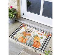 Facile da Pulire Zerbino Esterno Cute Dog Behind The Pumpkin White and Black Buffalo Plaid, Tappetino porta, Giardino, Casa, Cucina, Antiscivolo Tappeto Ingresso 40X60cm