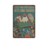 Facilmente distratto da gatti e giardino Targa in metallo in metallo Decorazione da parete Targa in alluminio Decorazione per bagno da cucina Targa poster retrò per negozio di caffè Man Cave Bar Pub G