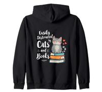 Facilmente distratto da Gatti e Libri Divertente Lettore Carino Felpa con Cappuccio