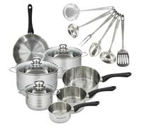 Fackelmann 9359550 1 padella 20 cm 3 pentole 12 16 20 cm inox 18/8, 3 pentole inox 16 20 24 cm, 6 utensili, padella tutto fuochi, induzione senza PFAS, acciaio inox, vetro, 12 16 20 24 cm