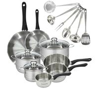 Fackelmann 9359950 2 padelle 20 28 cm 3 pentole 12 16 20 cm inox 18/8, 3 pentole in acciaio inox 16 20 24 cm, 6 utensili, padella tutti i fuochi, padella a induzione, senza PFAS, acciaio inox, vetro