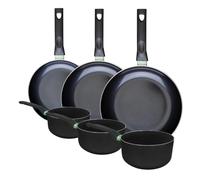 Fackelmann 9431050 - Set di 3 padelle da 20 24 e 28 cm e 3 padelle 16 18 e 20 cm, rivestimento in ceramica antiaderente senza PFAS, tutte le fornelli, induzione, forno, alluminio, nero, verde, 16, 18