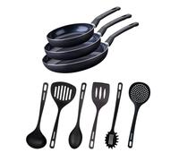 Fackelmann 9431850 - Set di 3 padelle antiaderenti rivestite in ceramica da 20, 24 e 28 cm e 6 utensili, padella senza PFAS, stufa a induzione, alluminio, RPET, nero, verde, 20 24 e 28 cm
