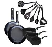 Fackelmann 9433050 - Set 2 padelle 24 e 28 cm, 3 padelle da 16 a 20 cm e 6 utensili, padella antiaderente, senza PFAS, rivestimento ceramico, tutti i fuochi, induzione, alluminio, RPET, nero, verde