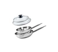 Fackelmann 9438050 2 padelle 20 e 24 cm in acciaio inox 18-8 e 2 coperchi in vetro Fackelmann Eterna, padella a induzione, padella senza PFAS, manico rivettato, inox, vetro, plastica, 20 e 24 cm