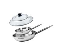 Fackelmann 9438150 2 padelle 20 e 28 cm in acciaio inox 18-8 e 2 coperchi in vetro Fackelmann Eterna, padella a induzione, padella senza PFAS, manico rivettato, inox, vetro, plastica, 20 e 28 cm