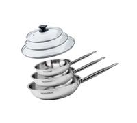 Fackelmann 9438350 3 padelle 20 24 28 cm Acciaio inox 18-8 e 3 Coperchi vetro Fackelmann Eterna, Stufa tutti i fuochi, Stufa a induzione, Stufa senza PFAS, Manico rivettato, Acciaio, Vetro, Plastica