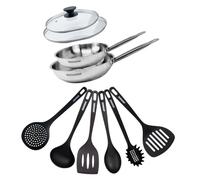 Fackelmann 9439150 Set 2 padelle 20 e 24 cm in acciaio inox 18/8, 2 coperchi in vetro e 6 utensili, padella a induzione, padella senza PFAS, manico rivettato, acciaio inox, vetro, plastica, 20 24 cm
