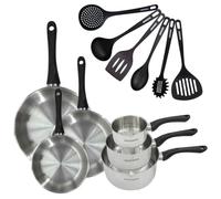Fackelmann 9444850 Set 3 padelle 20 24 28 cm 3 pentole 12 16 20 cm inox 18/8, 6 utensili, tutti fuochi, induzione, senza PFAS, acciaio inossidabile 18/8, 12 16 20 24 28 cm