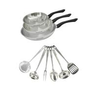 Fackelmann 9445250 Set 3 padelle 20 24 e 28 cm in acciaio inox 18/8, 6 utensili in acciaio inox, padella a induzione, padella senza PFAS, acciaio inossidabile 18/8, 20 24 e 28 cm