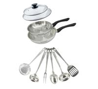 Fackelmann 9445650 Set 2 padelle 20 e 24 cm in acciaio inox 18/8, 2 coperchi in vetro e 6 utensili in acciaio inox, padella a induzione, padella senza PFAS, acciaio inossidabile 18/8, vetro, 20 e 24