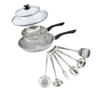 Fackelmann 9445750 Set 2 padelle 20 e 28 cm in acciaio inox 18/8, 2 coperchi in vetro e 6 utensili in acciaio inox, padella a induzione, padella senza PFAS, acciaio inossidabile 18/8, vetro, 20 e 28