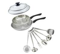 Fackelmann 9445850 Set 2 padelle 24 e 28 cm in acciaio inox 18/8, 2 coperchi in vetro e 6 utensili in acciaio inox, padella a induzione, padella senza PFAS, acciaio inossidabile 18/8, vetro, 24 e 28