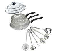 Fackelmann 9445950 Set 3 padelle 20 24 e 28 cm in acciaio inox 18/8, 2 coperchi in vetro e 6 utensili in acciaio inox, padella a induzione, padella senza PFAS, acciaio inossidabile 18/8, vetro, 20 24