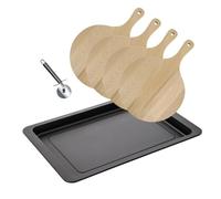 Fackelmann 9938450 - Set per pizza, 4 assi per pizza e 1 rotella per pizza, tagliere per pizza, piano cottura, rotella per pizza, acciaio inossidabile, legno, 42 x 29 x 2,5 cm