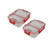 Fackelmann 9941750 - Set di 2 scatole di conservazione in vetro a 2 scomparti, 1050 ml, lunchbox in vetro e coperchio ermetico con clip, vetro, plastica, rosso, 21 x 16 cm