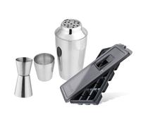 Fackelmann Kit Preparazione Cocktail per Casa, Set da 3 Pezzi con Shaker Professionale per Miscelare Drink, Misurino Doppia Scala per Liquori e Formina per Cubetti di Ghiaccio con Coperchio