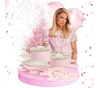FACKELMANN Paris Hilton, set di pentole da 10 pezzi, rivestimento antiaderente in alluminio e ceramica, adatto a induzione, lavabile in lavastoviglie, colore: rosa/crema/oro