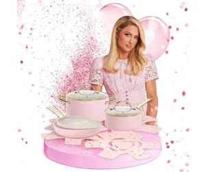 FACKELMANN Paris Hilton, set di pentole da 10 pezzi, rivestimento antiaderente in alluminio e ceramica, adatto a induzione, lavabile in lavastoviglie, colore: rosa/crema/oro