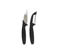 Fackelmann Set di Coltello da cucina con lama seghettata e Pelapatate Universale affilato, manico ergonomico nero, per tagliare e sbucciare frutta e verdura