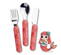Fackelmann Set Posate Bambini 3 Pezzi - Forchetta, Cucchiaio e Coltello in Acciaio Inox con Manici Ergonomici, Design Sirena Color Apricot, Lavabili in Lavastoviglie, Sicure e Adatte ai Bambini