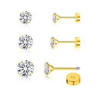 FACOKO Orecchini da donna 3 Paia di Orecchini in Titanio con Zirconi Post a Piatto 3mm/4mm/5mm Senza Nichel Ipoallergenici Adatti a più fori per le orecchie Oro